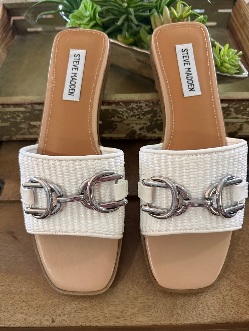 Steve Madden White Woven Slide Mules with Silver Hardware